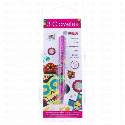 3 CLAVELES Pince &agrave; &eacute;piler crabe en inox 9,5 cm (motif mex rose)