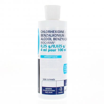 BIOGARAN Chlorhexidine/benzalkonum/alcool benzylique 0.25g/0.025g/ 4 ml pour 100 ml flacon 250 ml