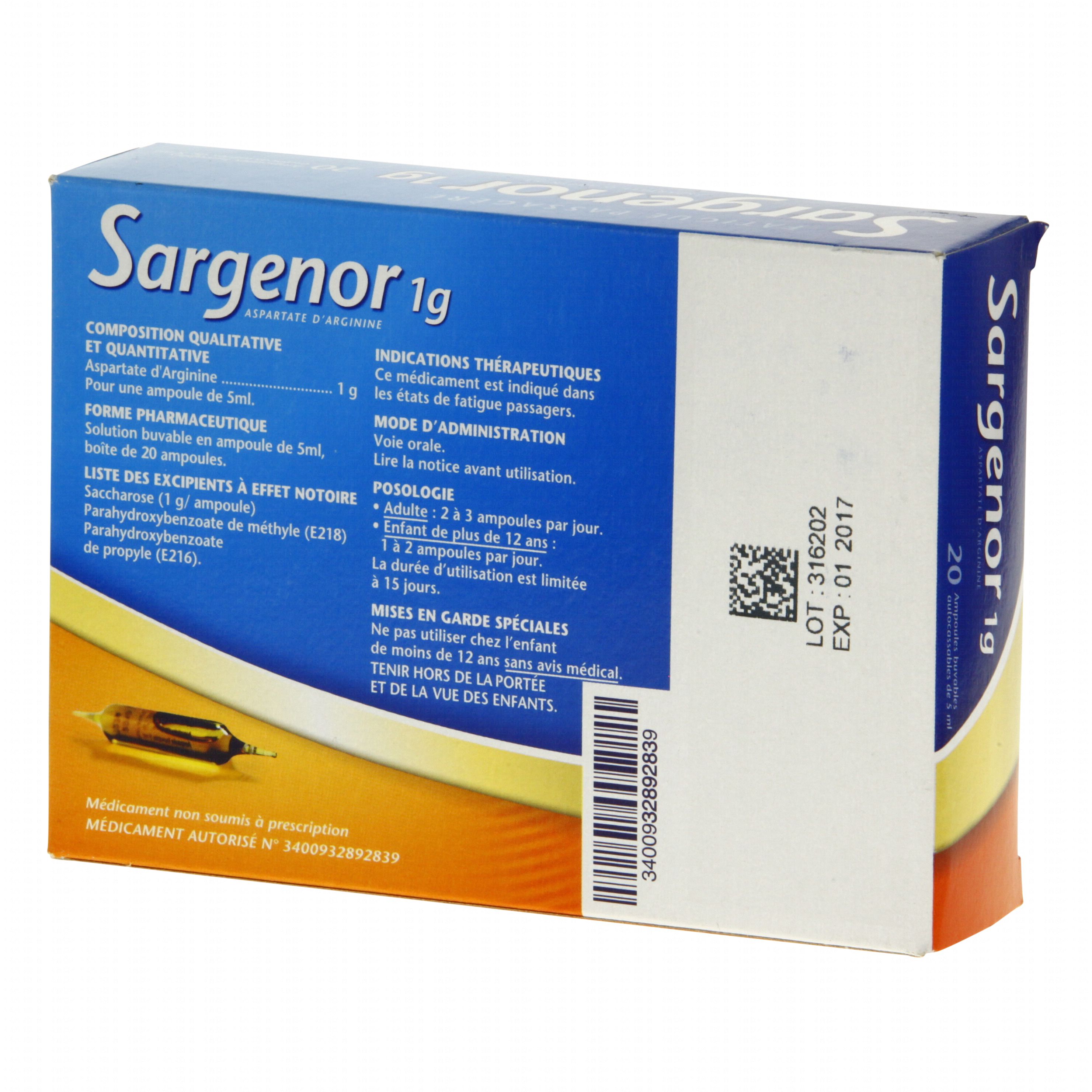 Sargenor 1 g/5 ml boîte de 20 ampoules Medapharma (médicament conseil