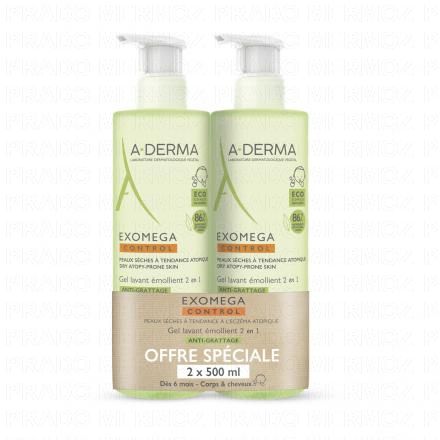 A-DERMA Exomega Control - Gel lavant &eacute;mollient (flacon 2x500ml)