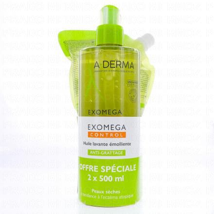 A-DERMA Exomega Control - Huile lavante &eacute;molliente (flacon 500ml + eco recharge 500ml)