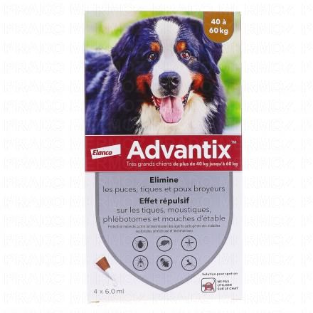 ADVANTIX Pipettes Antiparasitaires Tr&egrave;s Grands Chiens 40 &agrave; 60kg ((4 x 6ml))