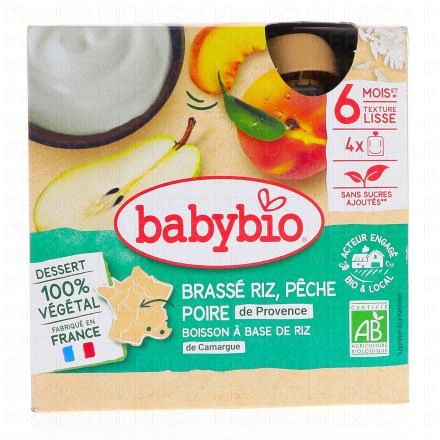BABYBIO Desserts Végétaux - Gourdes Brassé riz, Pêche d'Occitanie, poire de Provence 4x85g dès 6 mois