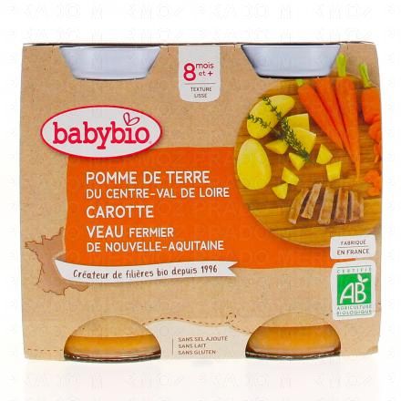 BABYBIO Repas du Midi - Petits pots Pomme de terre du Centre-Val de Loire, Carotte, Veau Fermier de Nouvelle-Aquitaine 2x200g d&egrave;s 8 mois