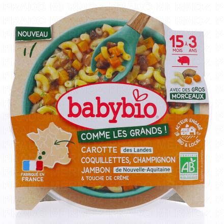 BABYBIO Comme les grands - Carottes Coquillettes Champignons Jambon 200g