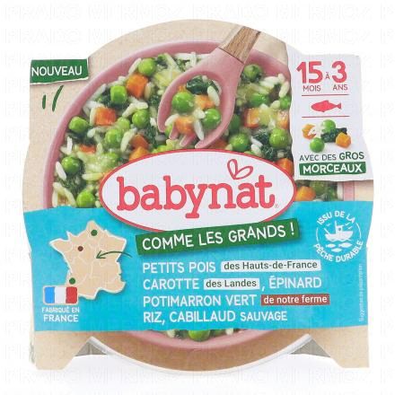 BABYBIO Comme les grands - Petits pois Carottes épinards cabillaud riz 200g