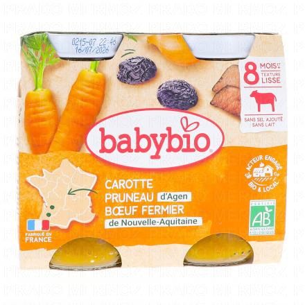 BABYBIO Repas du Midi - Petits pots Carotte, Pruneau, Boeuf 2x200g d&egrave;s 8 mois