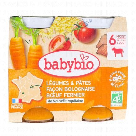 BABYBIO Repas du Midi - Petits pots Légumes & Pâtes façon bolognaise 2x200g dès 6 mois