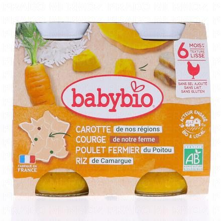 BABYBIO Repas du Midi - Petits pots carotte,butternut, poulet, riz d&egrave;s 6 mois 2x200g