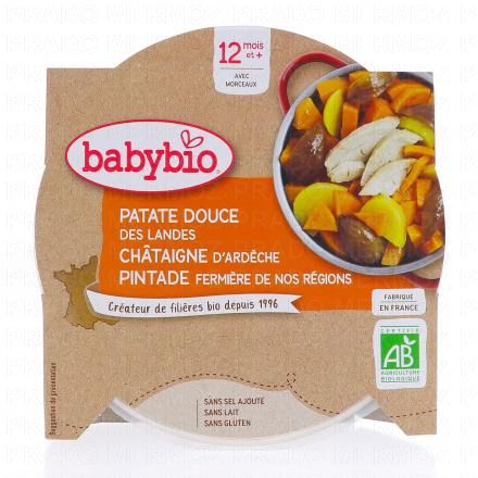 BABYBIO Repas du Midi - Plat patate douce ch&acirc;taigne d'Ard&egrave;che, pintade fermi&egrave;re du Poitou 230g d&egrave;s 12 mois