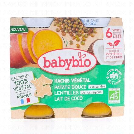 BABYBIO V&eacute;g&eacute;tal - Hachis V&eacute;g&eacute;tal Patate Douce Lentilles Lait de Coco +6 Mois Bio Pots 2x200 g