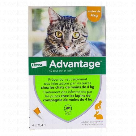 BAYER Advantage 40 pour chat et lapin de moins de 4kg 4x0.4ml (4 pipettes x 0,4ml)