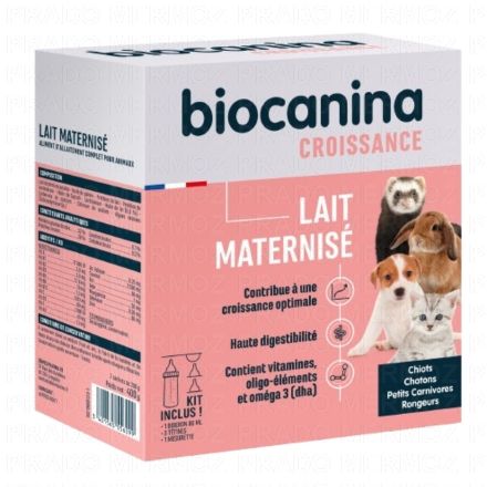 BIOCANINA Croissance - Lait maternis&eacute; bo&icirc;te 400g + 1 biberon 80ml + 1 mesurette + 2 t&eacute;tines chaton + 1 t&eacute;tine chiot