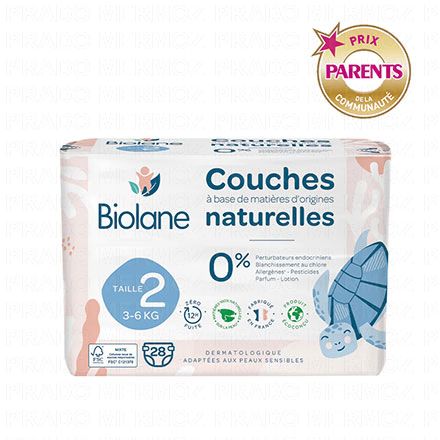 BIOLANE Couches naturelles zéro fuites 12h (taille 2 - 3à6kg x28 couches)