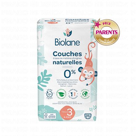 BIOLANE Couches naturelles zéro fuites 12h (taille 3 - 4à9kg x52 couches)