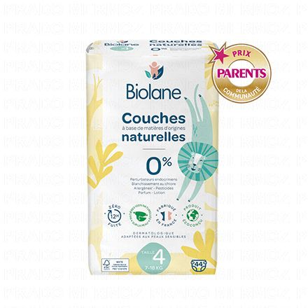BIOLANE Couches naturelles z&eacute;ro fuites 12h (taille 4 - 7&agrave;18kg x44 couches)