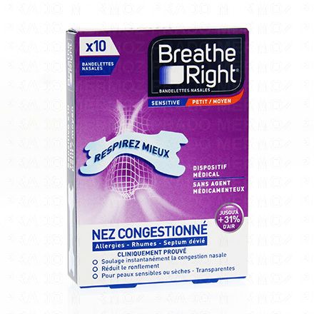 BREATHE RIGHT Bandelettes nasales nez congestionné sensitive (10 bandelettes)