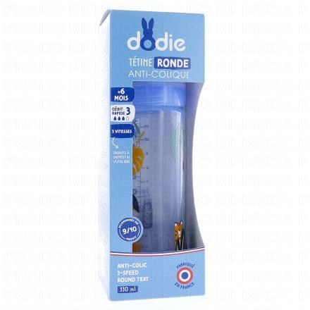 DODIE Biberon anti-colique +6mois t&eacute;tine ronde d&eacute;bit 3 (bleu 330ml)