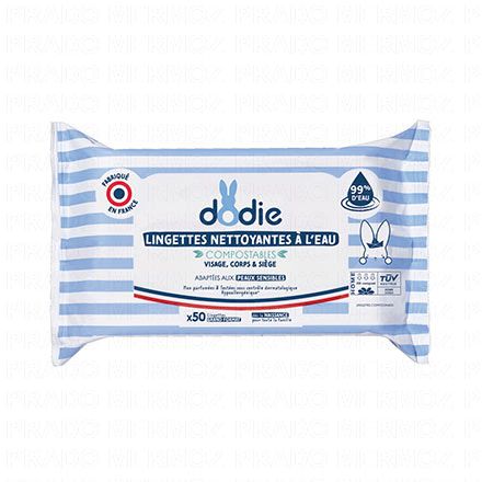 DODIE Lingettes nettoyantes &agrave; l'eau compostables x50