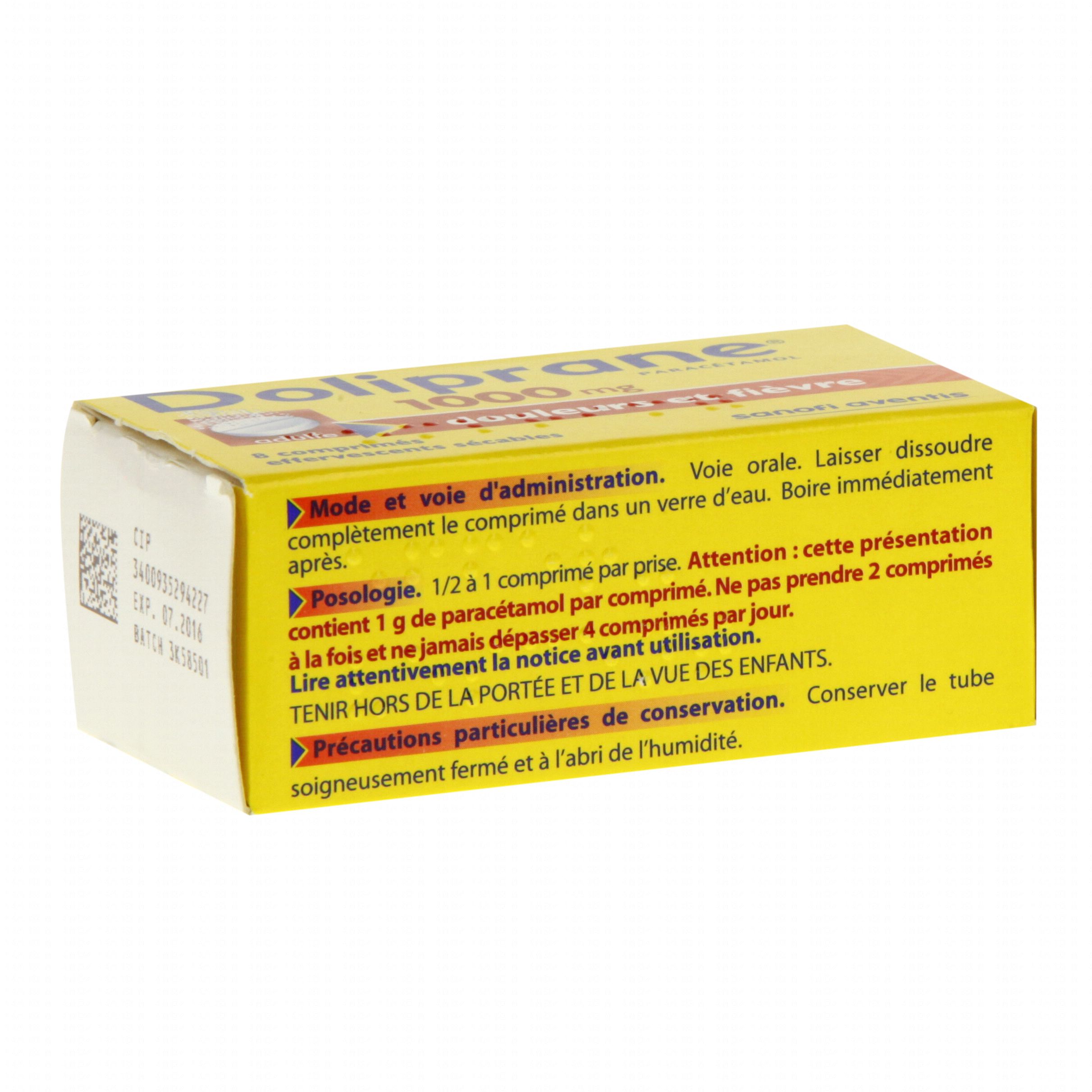 Doliprane 1000 mg tube de 8 comprimés effervescents - Médicament conseil -  Pharmacie Prado Mermoz