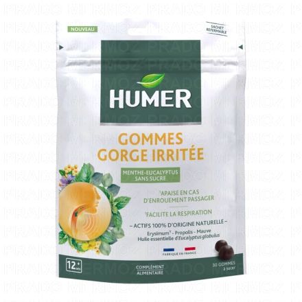HUMER Gommes Gorge irrit&eacute;e Go&ucirc;t Menthe Eucalyptus 30 gommes