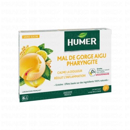 HUMER Mal de Gorge Aigu Pharyngite miel citron 20 pastilles sans sucre