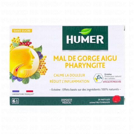HUMER Mal de gorge aigu pharyngite fruits rouges 20 pastilles sans sucre