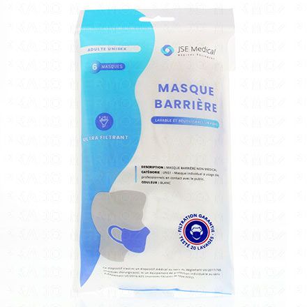 JSE MEDICAL Masque barrière UNS1 tissu doux lavable 20 fois ultra filtrant blanc paquet 6 masques (adulte unisex)
