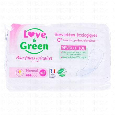 LOVE & GREEN Fuites Urinaires Serviettes &Eacute;cologiques Normal 12 Serviettes