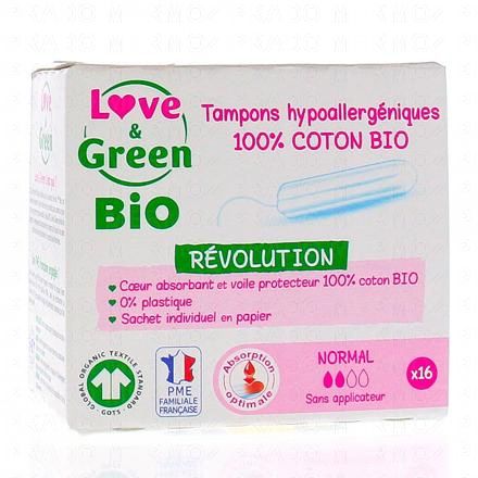 LOVE & GREEN R&eacute;volution - Tampons hypoallerg&eacute;niques flux normal (16 tampons sans applicateur)