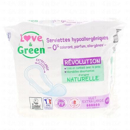 LOVE&GREEN Serviettes Hypoallerg&eacute;niques nuit extra larges x9