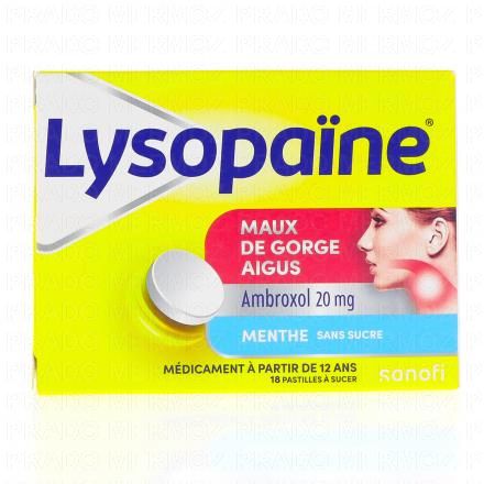 LYSOPAINE Maux de Gorge Aigus Ambroxol 20mg Sans Sucre 18 pastilles à sucer Menthe