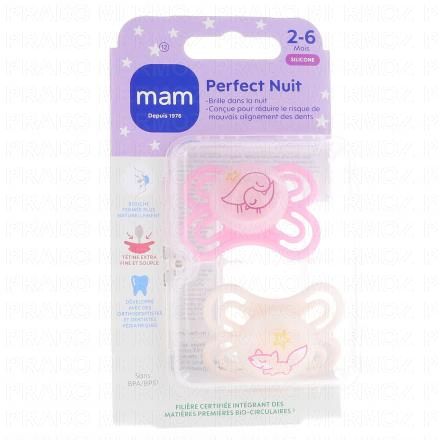 MAM Sucettes 2-6 mois perfect nuit silicone &agrave; l'unit&eacute; (rose)