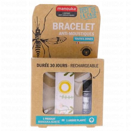 MANOUKA Bracelet anti-moustique Adulte + 1 recharge 6ml (v&eacute;g&eacute;tal)