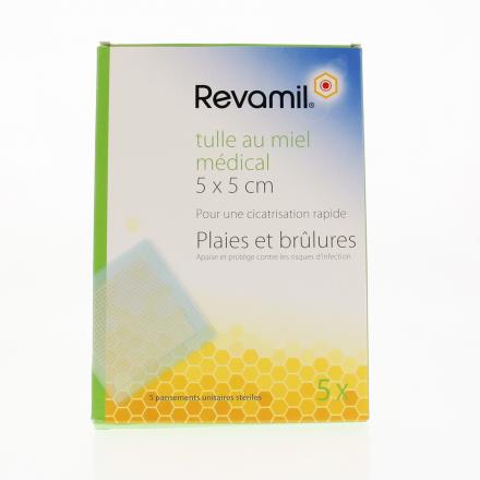 REVAMIL tulle au miel médical pansements unitaires stériles 5 cm x 5 cm