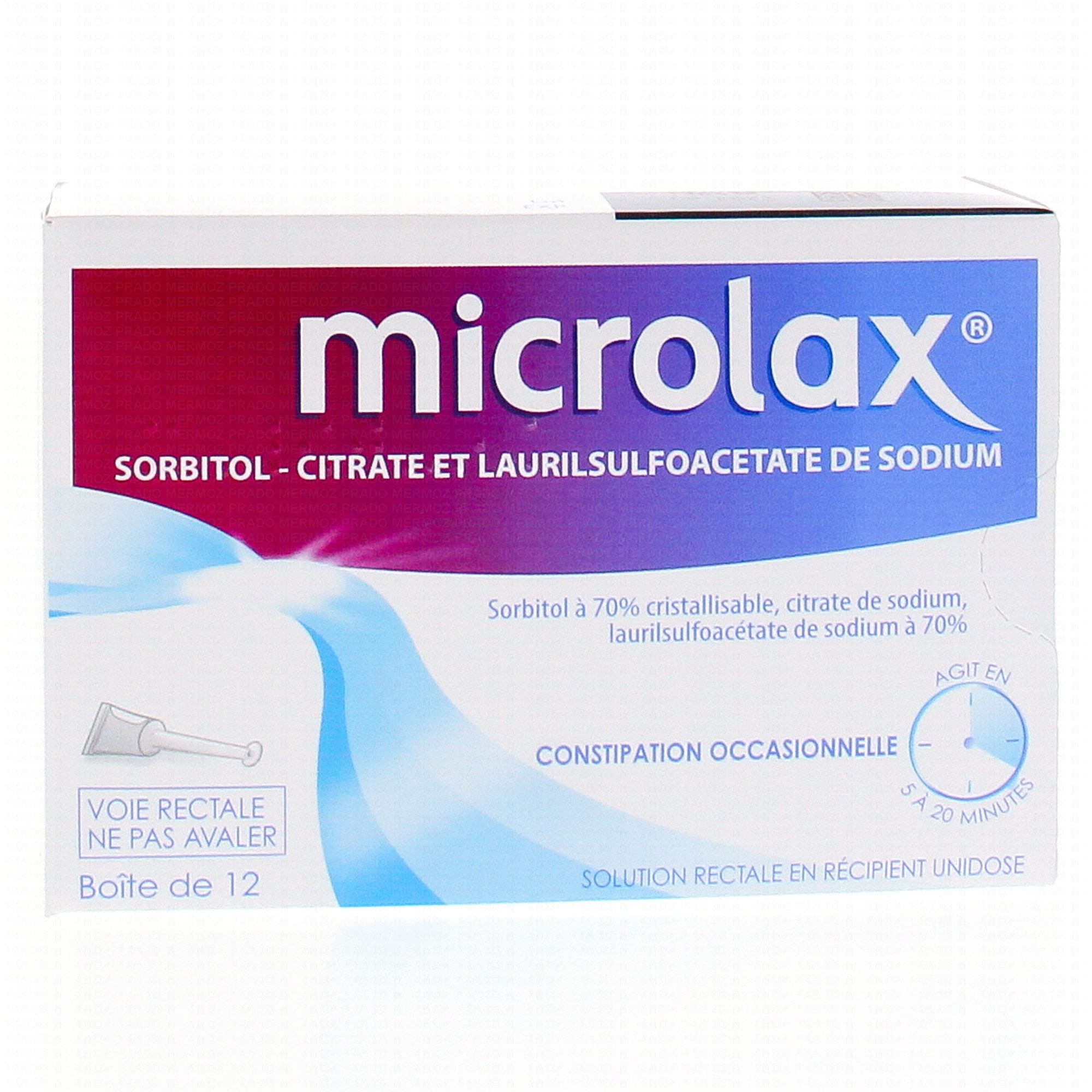 Microlax sorbitol citrate et laurilsulfoacétate de sodium boîte de 12  récipients unidoses - Médicament conseil - Pharmacie Prado Mermoz