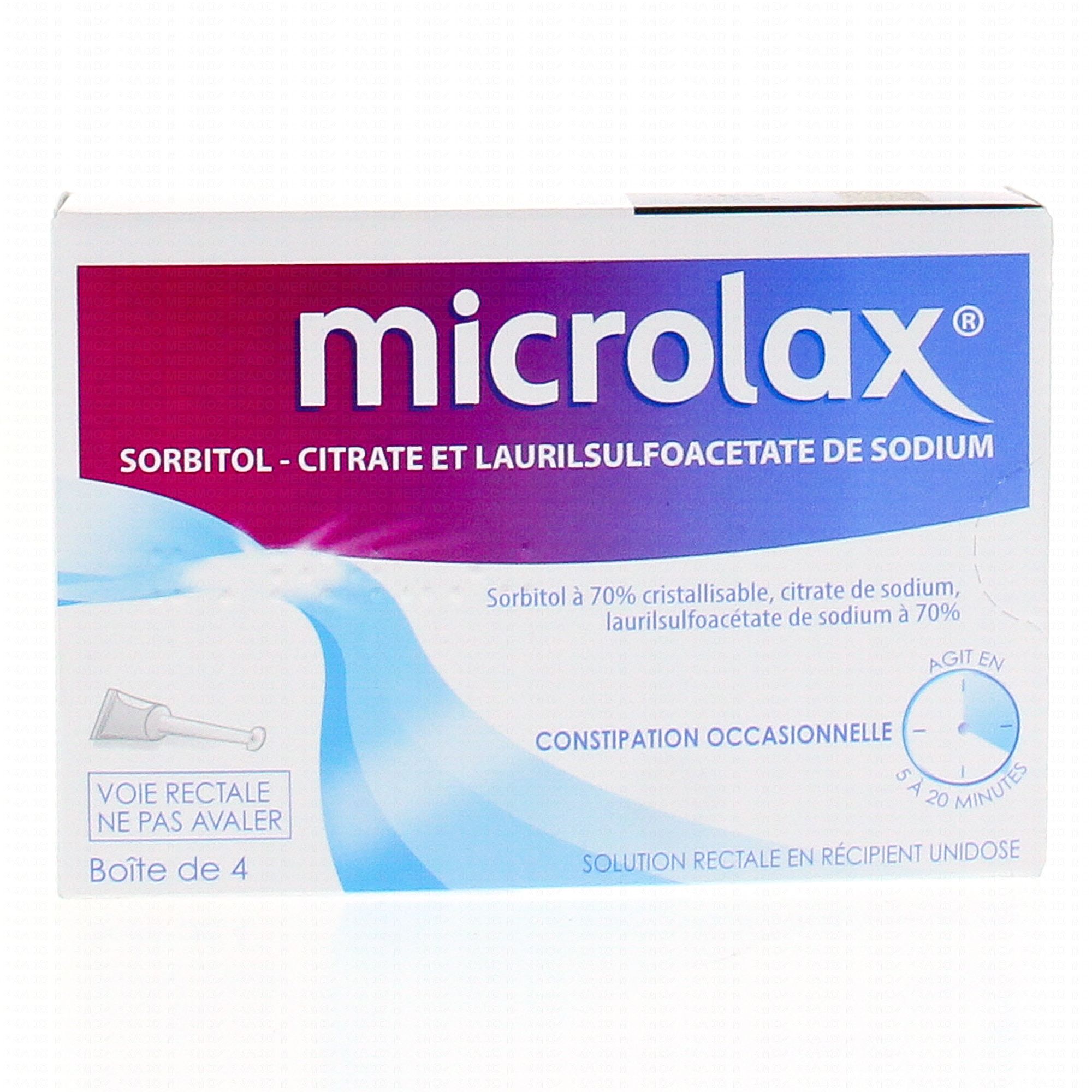 Microlax sorbitol citrate et laurilsulfoacetate de sodium boîte de 4  récipients unidoses - Médicament conseil - Pharmacie Prado Mermoz