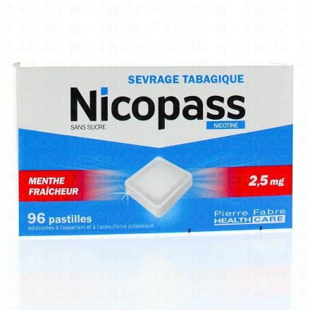 NICOPASS Menthe fraîcheur 2,5mg sans sucre (boîte de 96 pastilles)