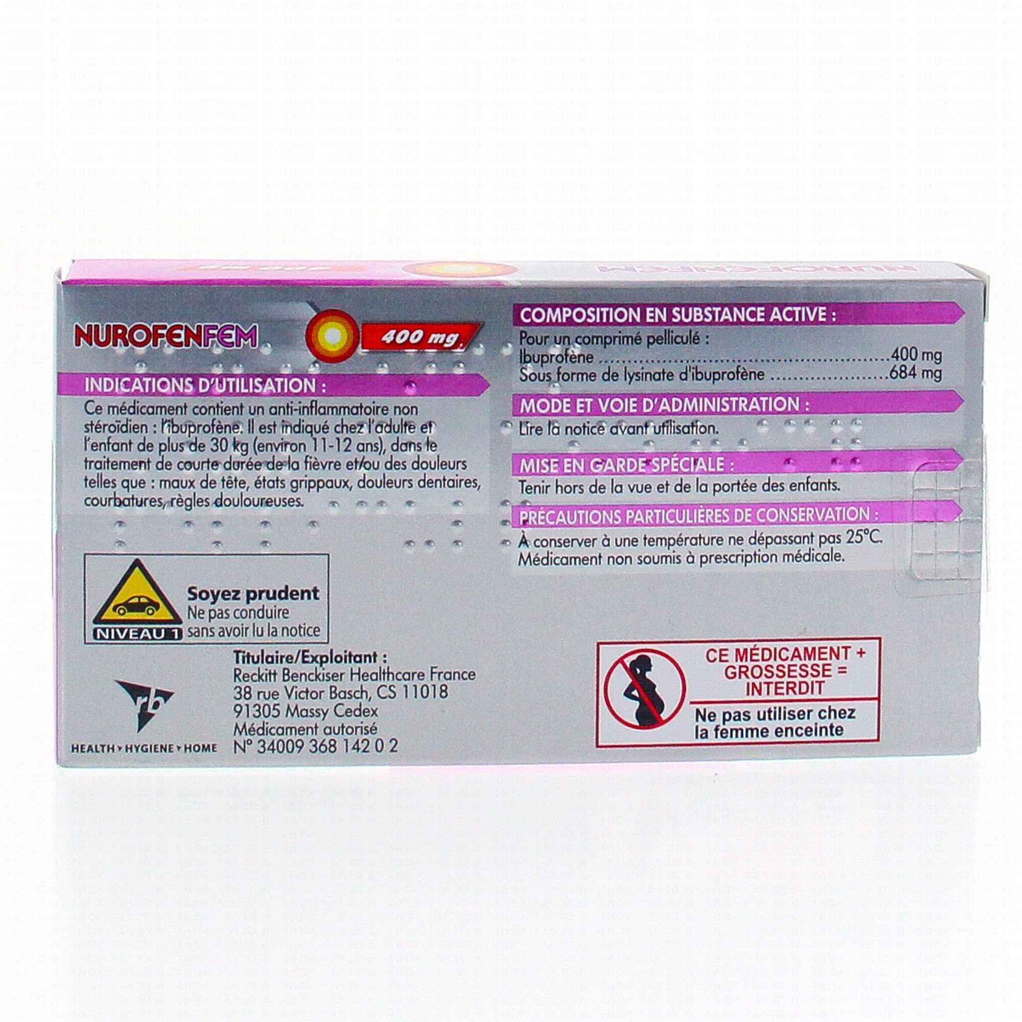 NurofenFem comprimé - Médicament Règle douloureuse - Ibuprofène 400 mg