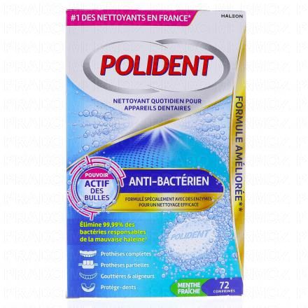 POLIDENT Nettoyant Anti-bacterien Appareils Et Proth&egrave;ses Dentaires x72 Comprimes
