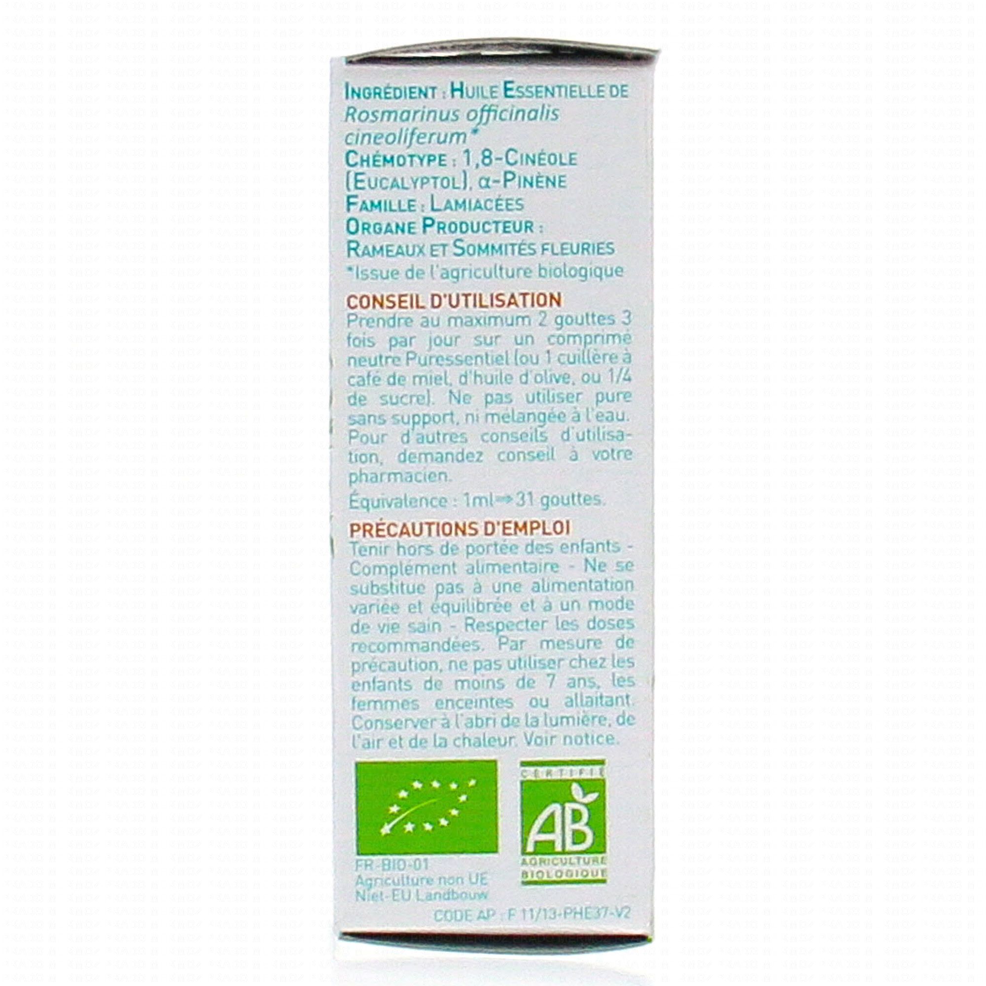 PURESSENTIEL huile essentielle romarin à cinéole 10ml bio -  Pharma-Médicaments.com