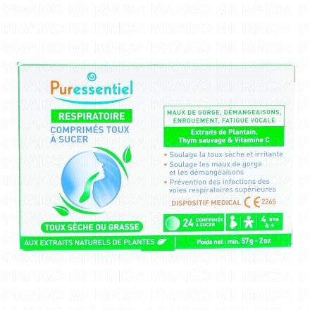 PURESSENTIEL Respiratoire - Toux x24 Comprim&eacute;s &agrave; Sucer