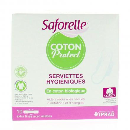SAFORELLE Coton protect serviettes hygi&eacute;niques extra fines avec ailettes x 10