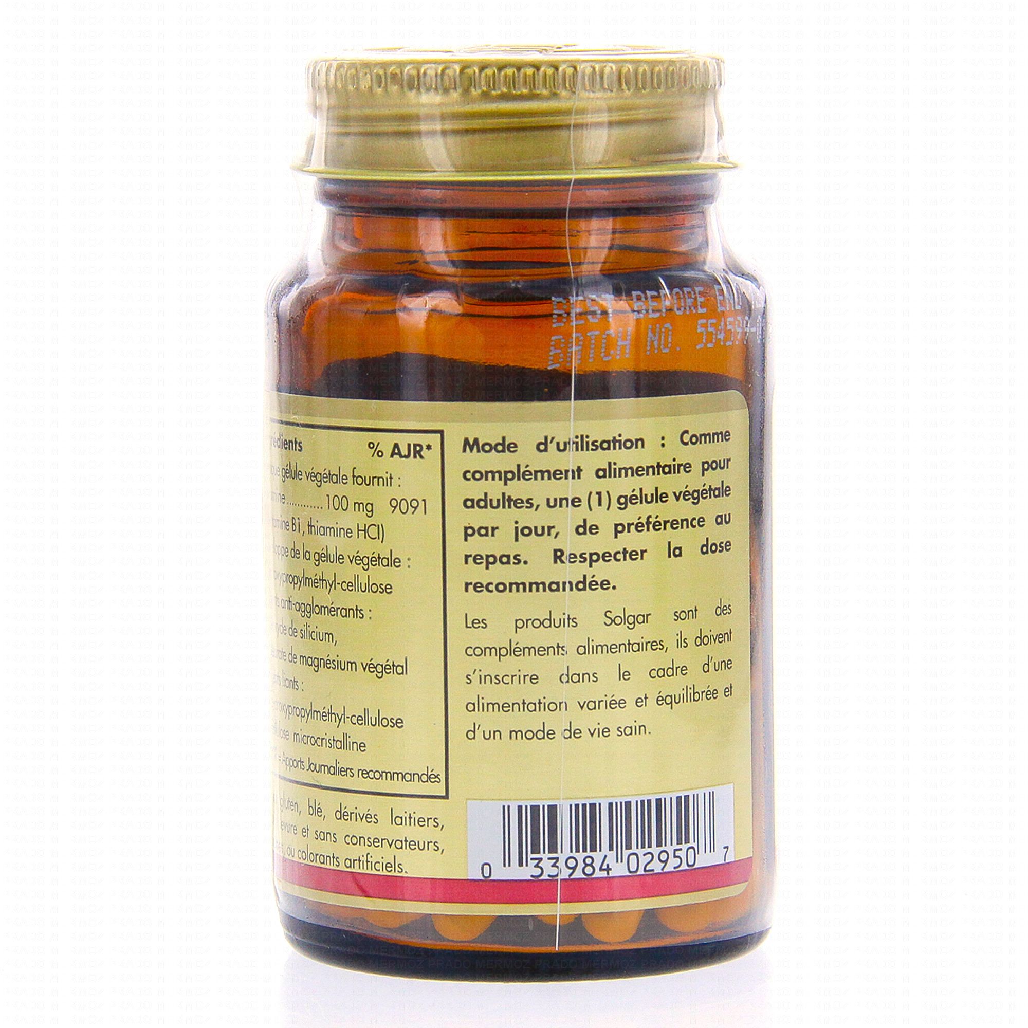 SOLGAR Vitamine B1 (thiamine) 100mg 100 gélules Pharmacie Prado Mermoz