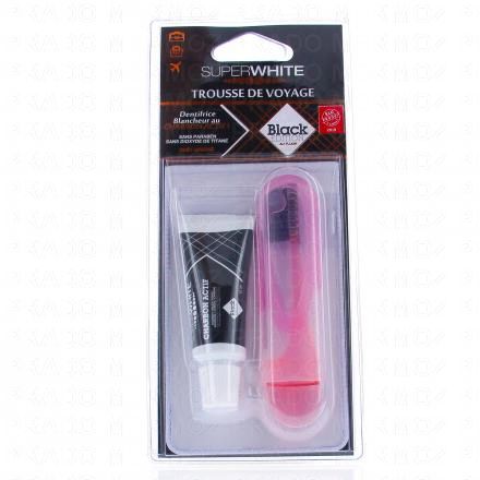 SUPERWHITE Trousse de voyage Black Edition: brosse &agrave; dents de voyage + dentifrice 15ml