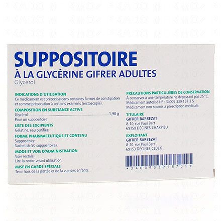 SUPPOSITOIRES à la GLYCERINE Adultes GIFRER (boîte de 50 suppositoires)