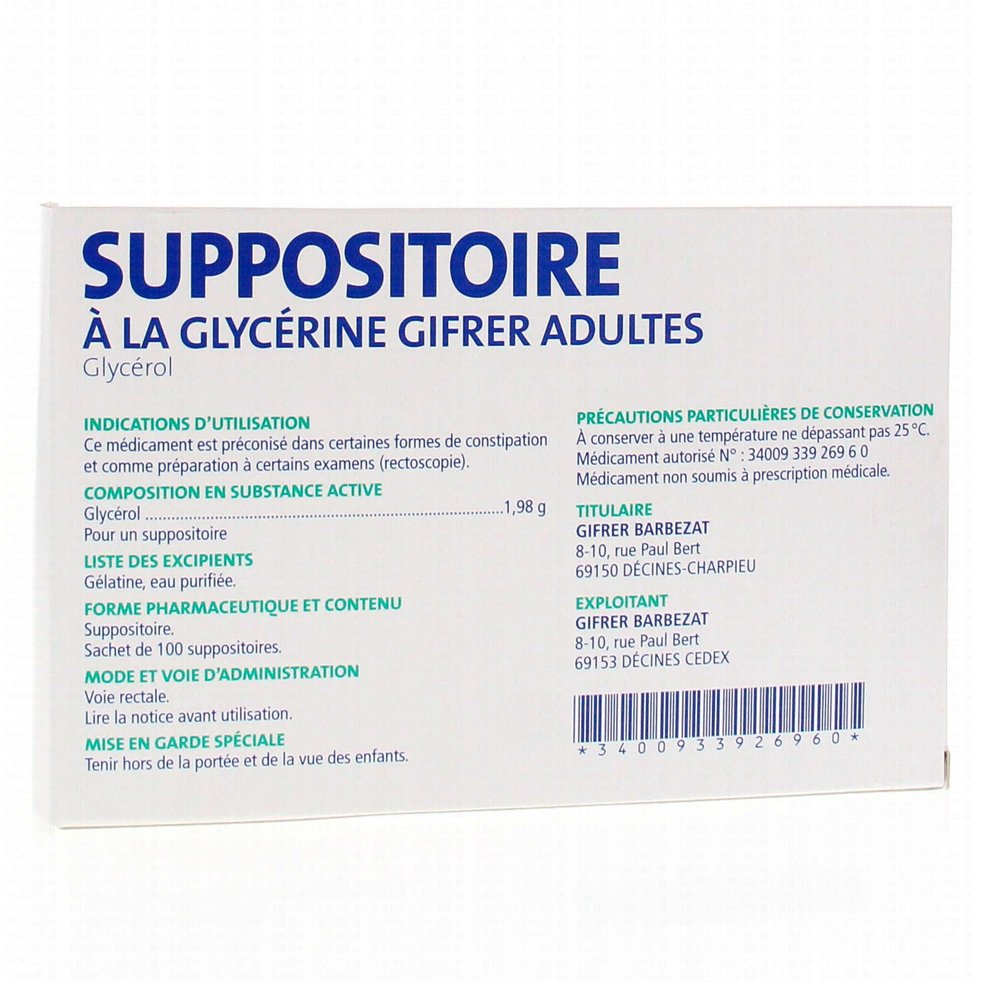 SUPPOSITOIRE A LA GLYCERINE ADULTES - Traitement de la constipation