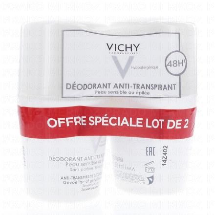 VICHY D&eacute;odorant anti-transpirant 48h peau sensible ou &eacute;pil&eacute;e (lot de 2 roll'ons x 50ml)