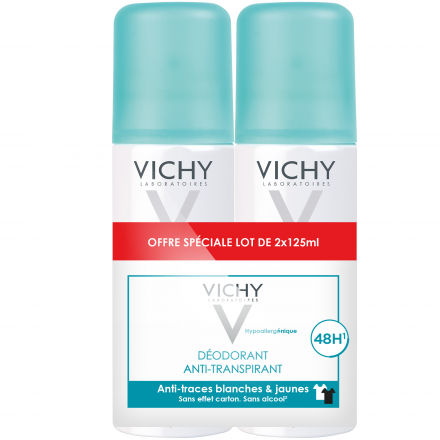 VICHY D&eacute;odorant traitement anti-transpirant 48h anti-traces blanches & jaunes (lot de 2 a&eacute;rosols x 125ml)
