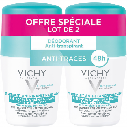 VICHY D&eacute;odorant traitement anti-transpirant 48h anti-traces blanches & jaunes (lot de 2 roll'ons x 50ml)